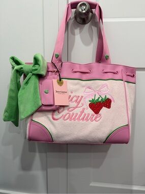 Juicy Couture Pink Tote with Green Bow & Strawberry Embroidery